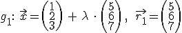 
g_1: vektor x=(1,2,3) + lambda*(5,6,7) , r_1=(5,6,7)
